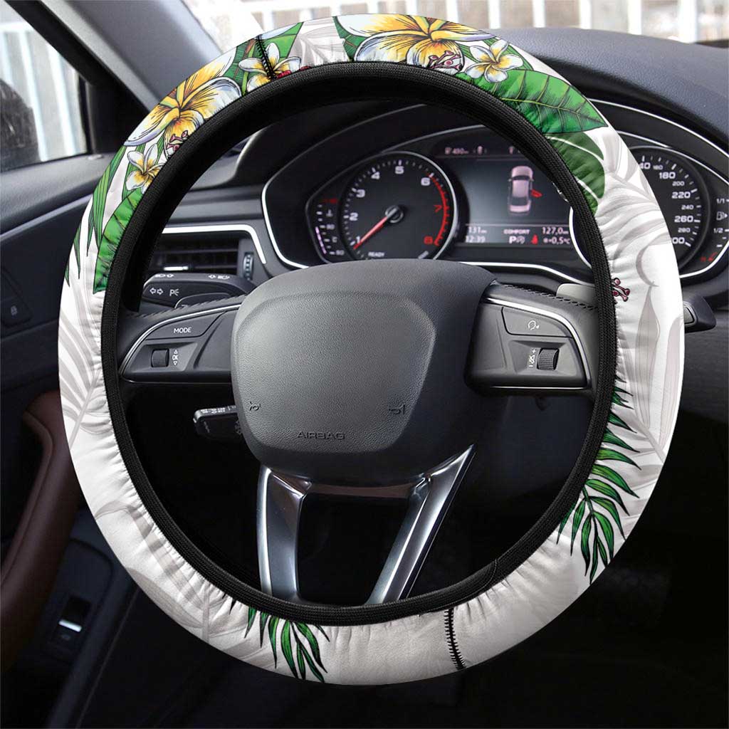 Hawaiian Tropical Plants Steering Wheel Cover Kakau Tattoo and Polynesian Pattern Half White Color LT03 - Polynesian Pride