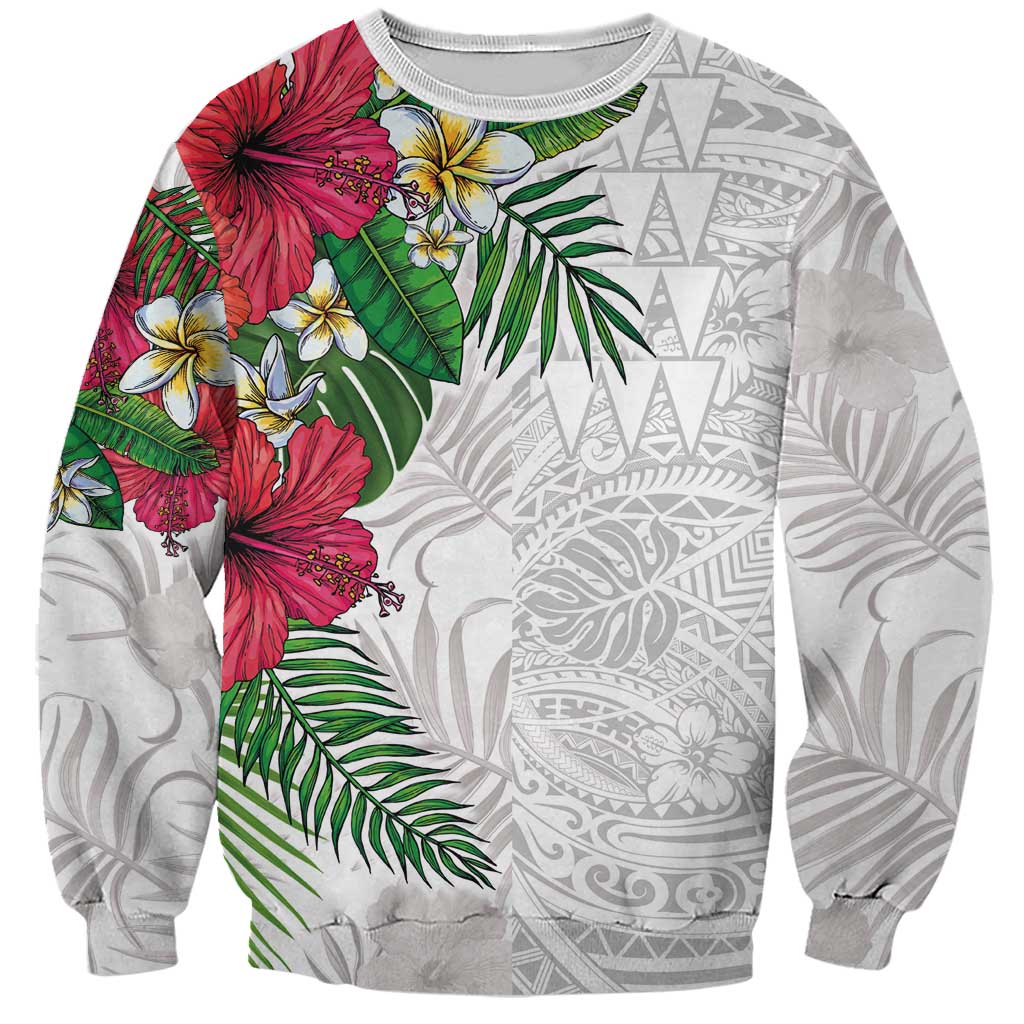 Hawaiian Tropical Plants Sweatshirt Kakau Tattoo and Polynesian Pattern Half White Color LT03 Unisex White - Polynesian Pride