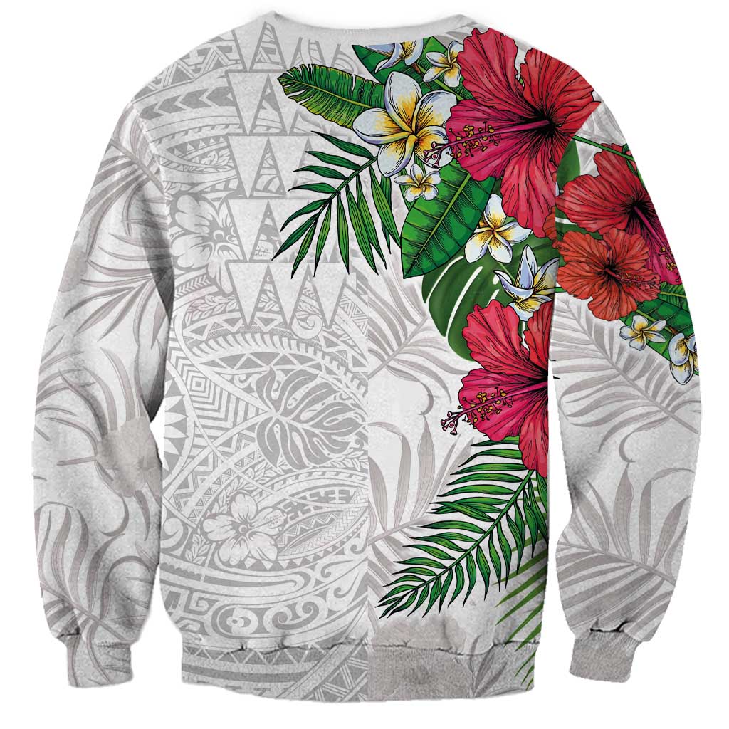 Hawaiian Tropical Plants Sweatshirt Kakau Tattoo and Polynesian Pattern Half White Color LT03 - Polynesian Pride