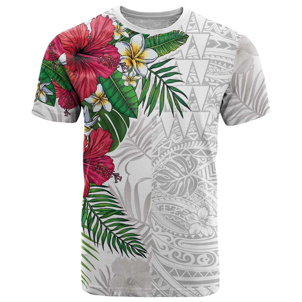 Hawaiian Tropical Plants T Shirt Kakau Tattoo and Polynesian Pattern Half White Color LT03 White - Polynesian Pride