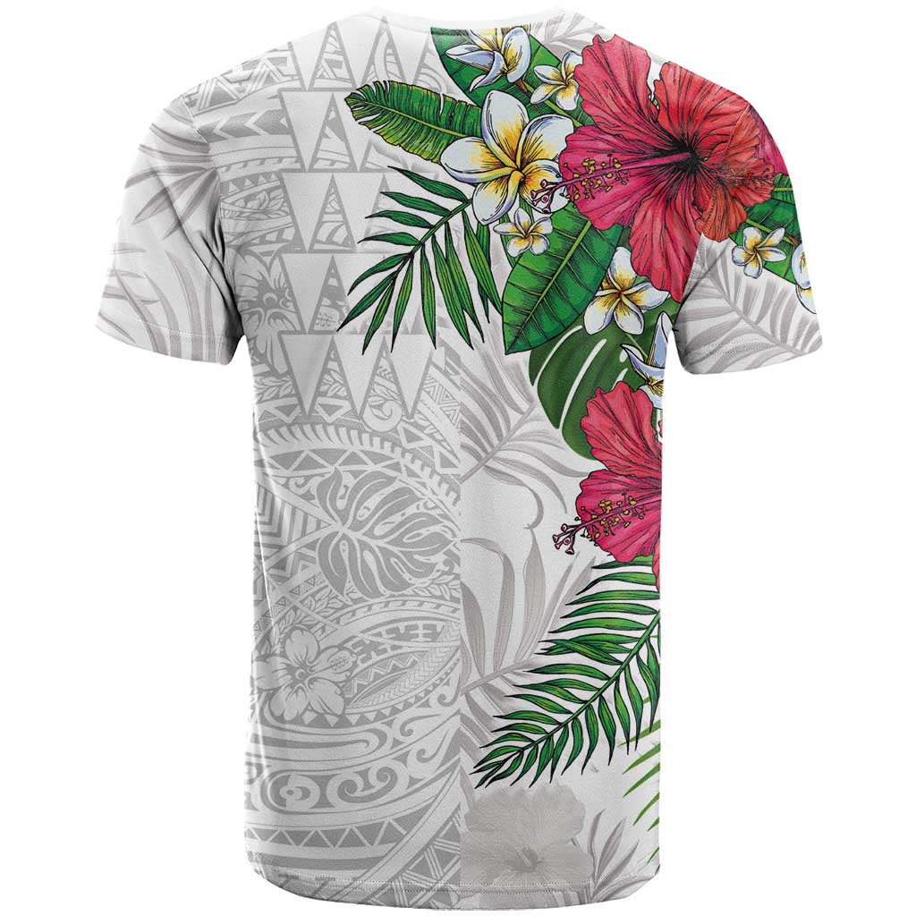 Hawaiian Tropical Plants T Shirt Kakau Tattoo and Polynesian Pattern Half White Color
