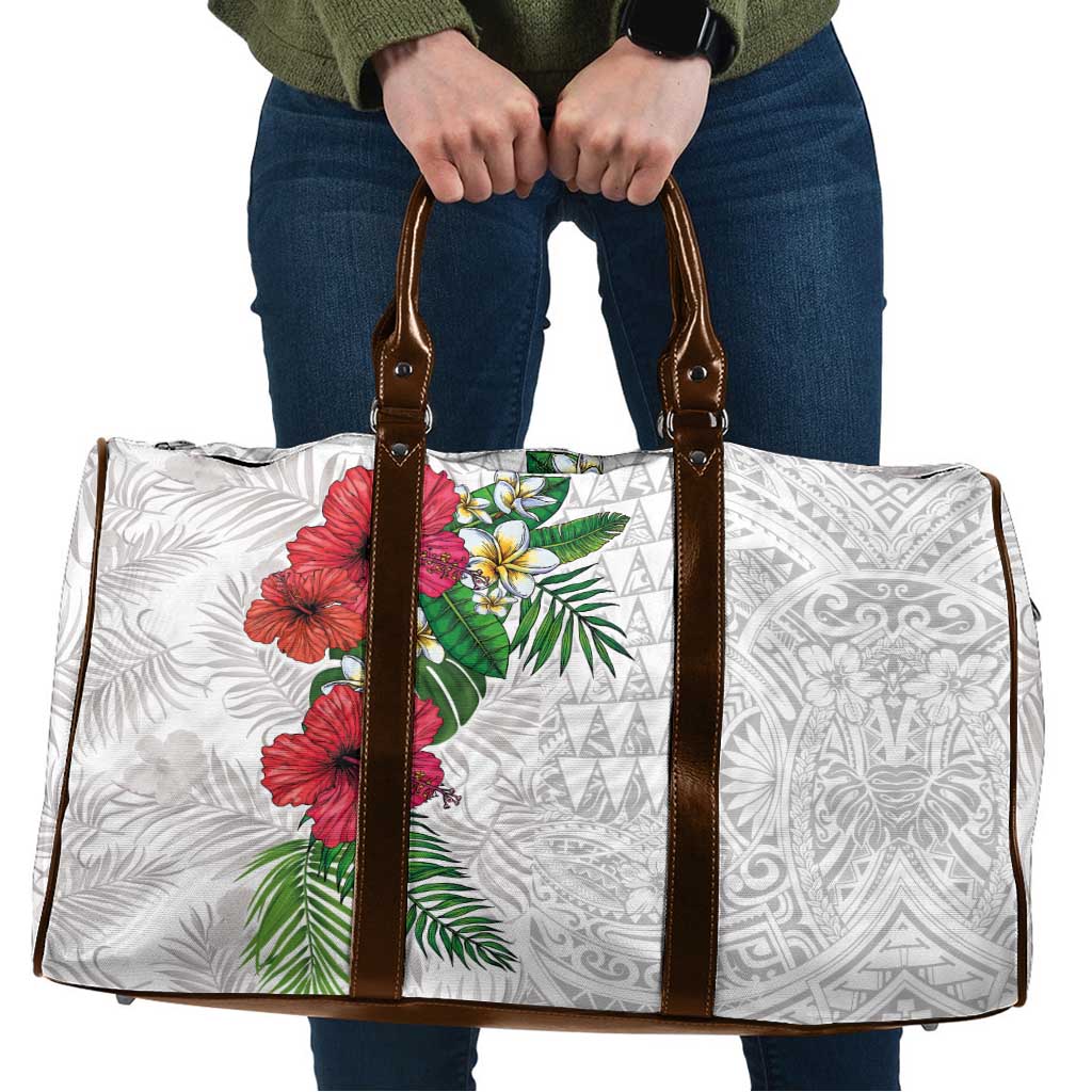 Hawaiian Tropical Plants Travel Bag Kakau Tattoo and Polynesian Pattern Half White Color