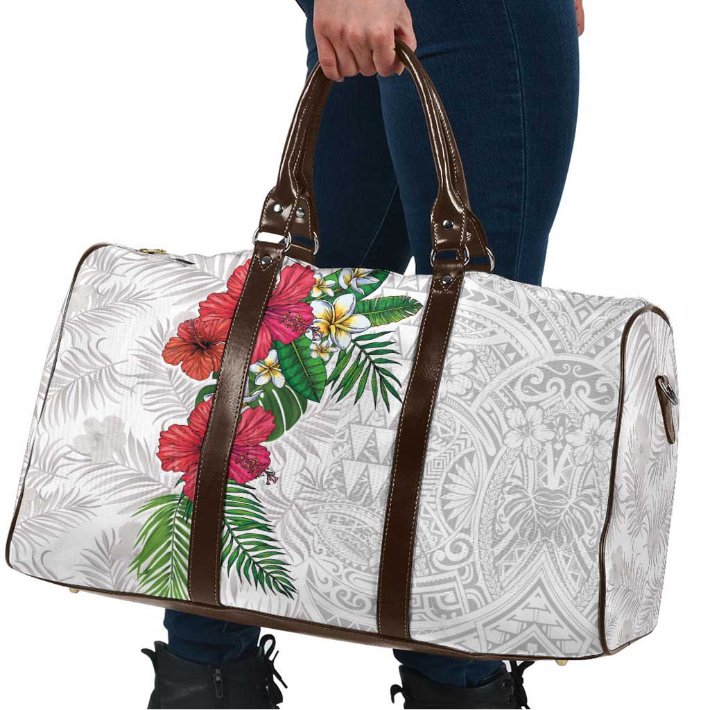 Hawaiian Tropical Plants Travel Bag Kakau Tattoo and Polynesian Pattern Half White Color