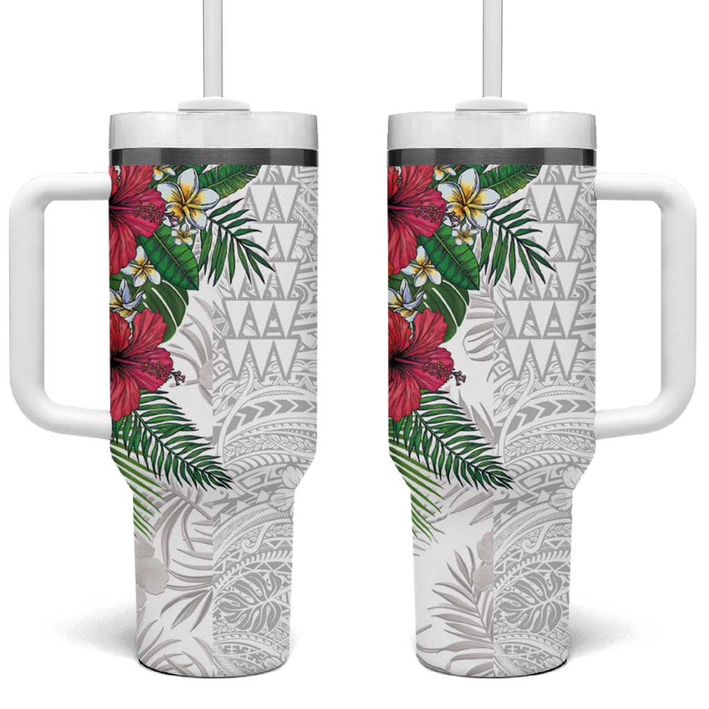 Hawaiian Tropical Plants Tumbler With Handle Kakau Tattoo and Polynesian Pattern Half White Color LT03 One Size: 40 oz White - Polynesian Pride