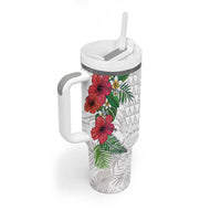 Hawaiian Tropical Plants Tumbler With Handle Kakau Tattoo and Polynesian Pattern Half White Color LT03 - Polynesian Pride