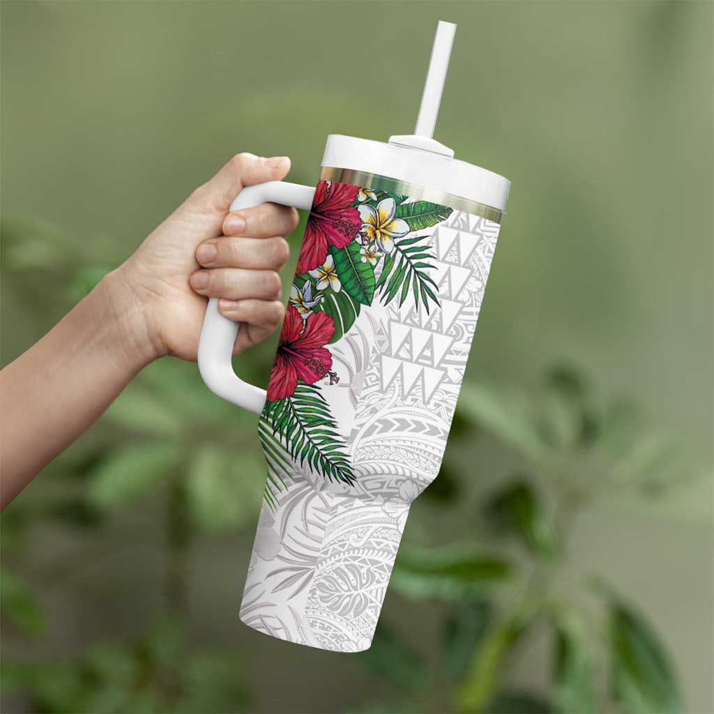 Hawaiian Tropical Plants Tumbler With Handle Kakau Tattoo and Polynesian Pattern Half White Color LT03 - Polynesian Pride