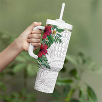 Hawaiian Tropical Plants Tumbler With Handle Kakau Tattoo and Polynesian Pattern Half White Color LT03 - Polynesian Pride
