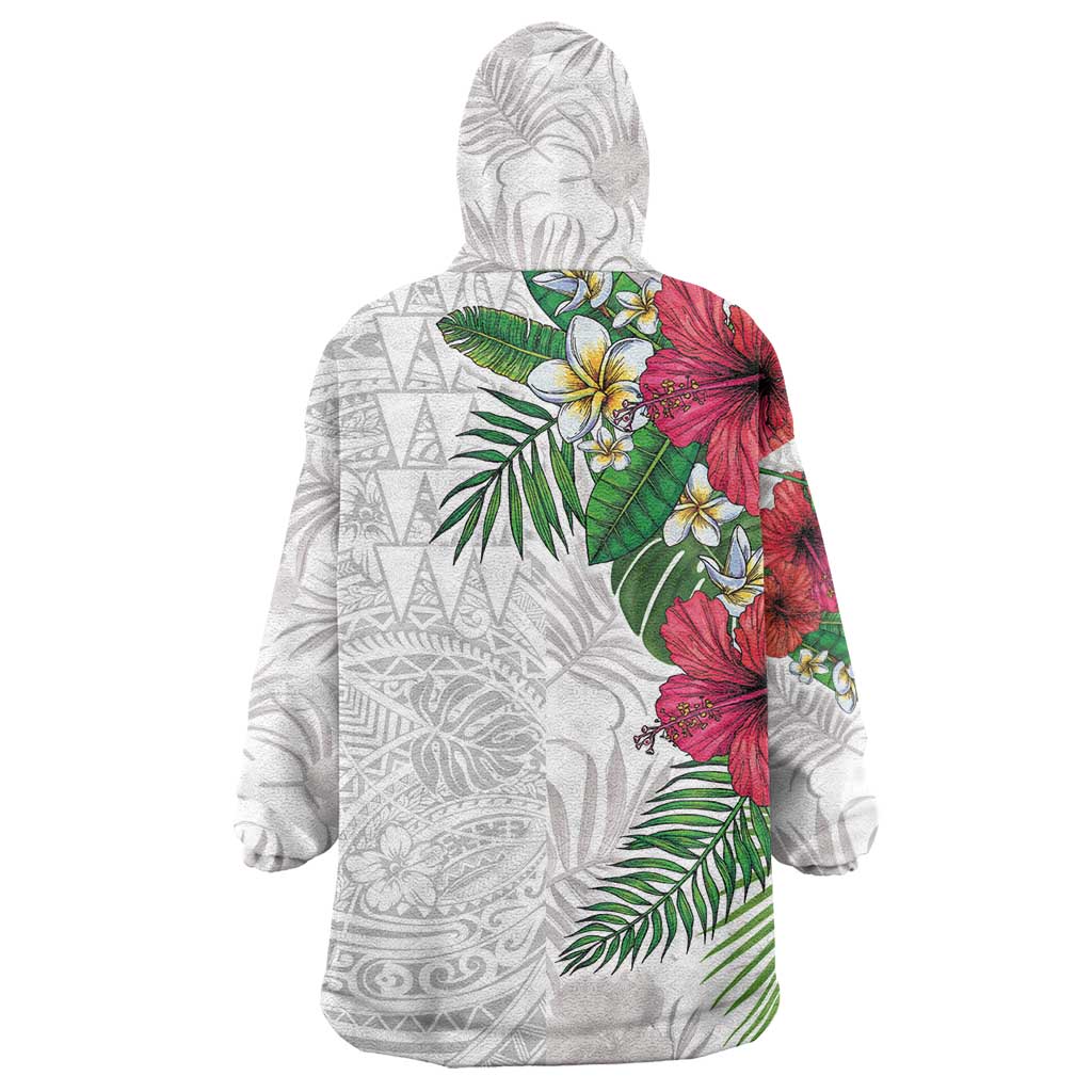 Hawaiian Tropical Plants Wearable Blanket Hoodie Kakau Tattoo and Polynesian Pattern Half White Color LT03 - Polynesian Pride