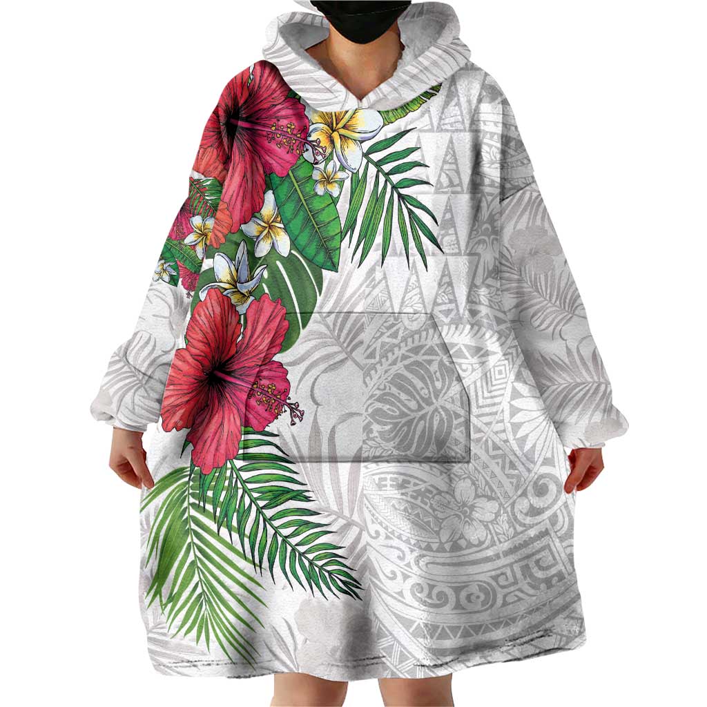 Hawaiian Tropical Plants Wearable Blanket Hoodie Kakau Tattoo and Polynesian Pattern Half White Color LT03 - Polynesian Pride