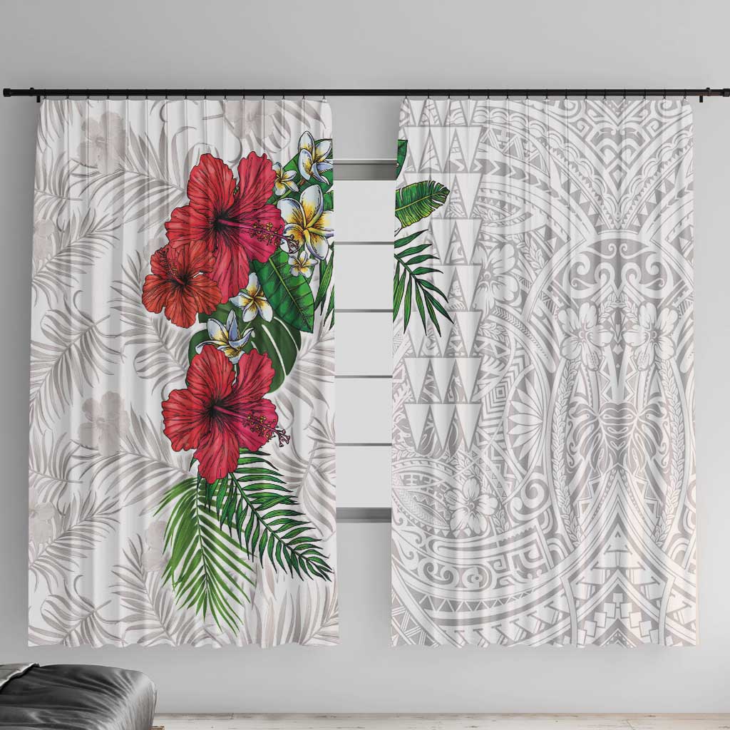 Hawaiian Tropical Plants Window Curtain Kakau Tattoo and Polynesian Pattern Half White Color LT03 With Hooks White - Polynesian Pride