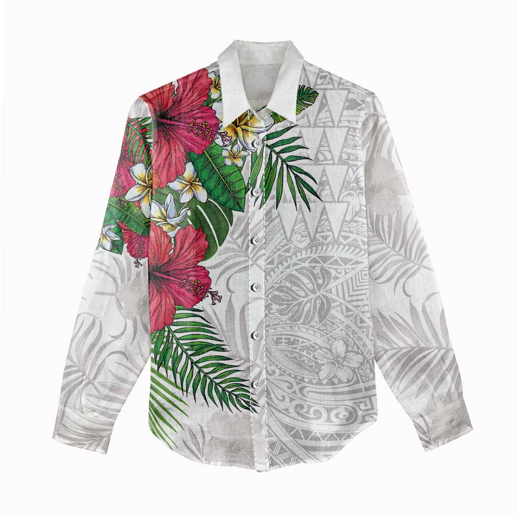 Hawaiian Tropical Plants Women Casual Shirt Kakau Tattoo and Polynesian Pattern Half White Color LT03 - Polynesian Pride