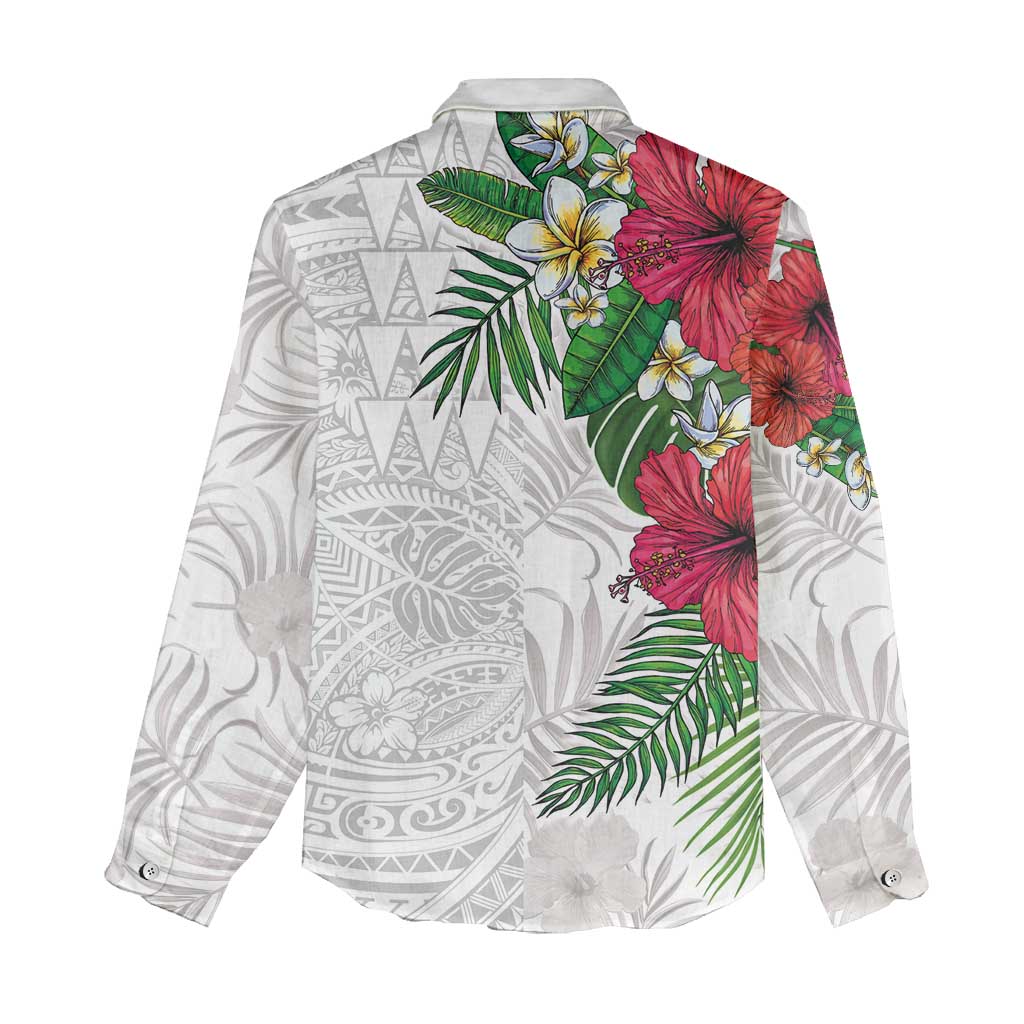 Hawaiian Tropical Plants Women Casual Shirt Kakau Tattoo and Polynesian Pattern Half White Color LT03 - Polynesian Pride