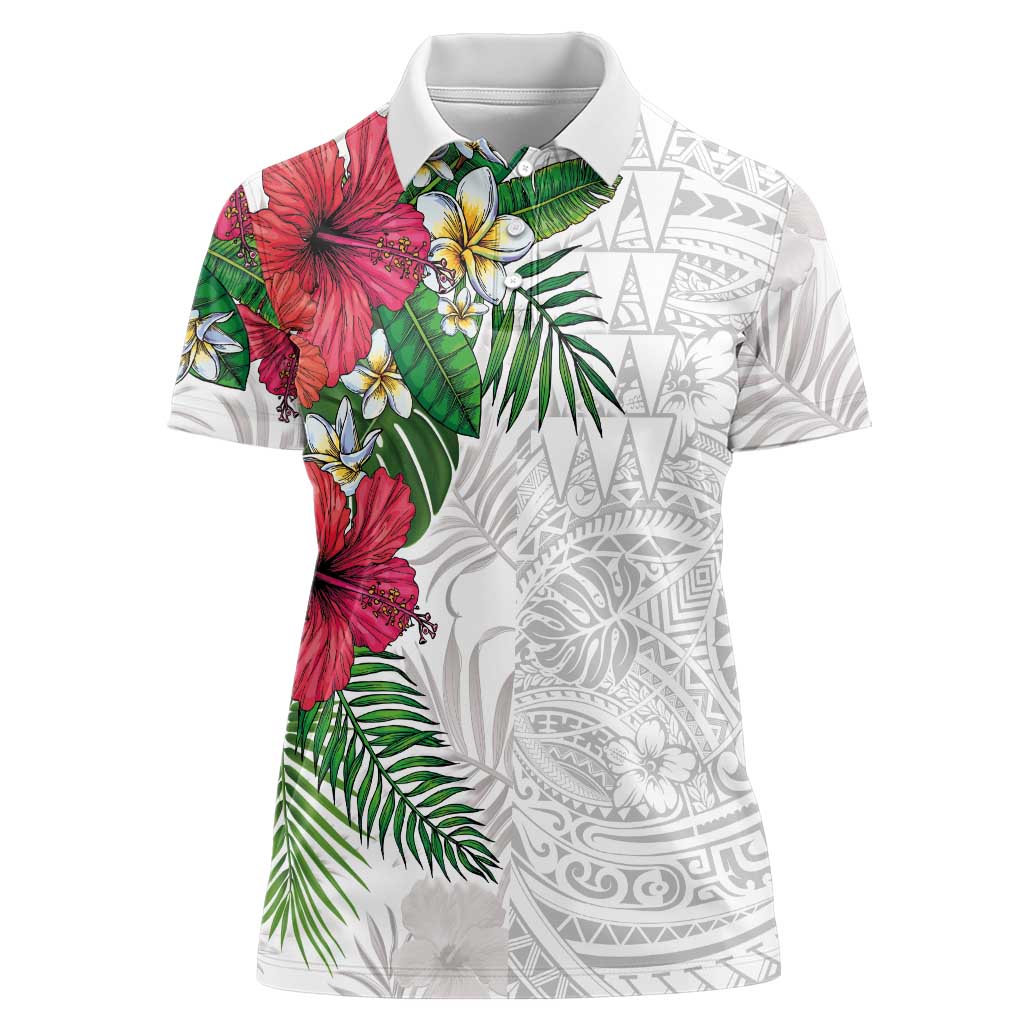 Hawaiian Tropical Plants Women Polo Shirt Kakau Tattoo and Polynesian Pattern Half White Color LT03 Female White - Polynesian Pride