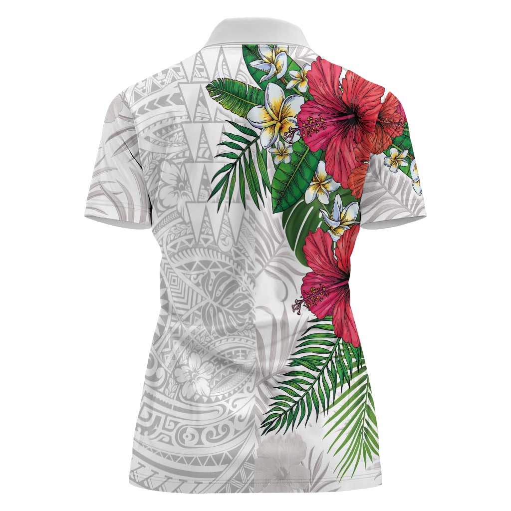 Hawaiian Tropical Plants Women Polo Shirt Kakau Tattoo and Polynesian Pattern Half White Color LT03 - Polynesian Pride