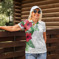 Hawaiian Tropical Plants Women Polo Shirt Kakau Tattoo and Polynesian Pattern Half White Color LT03 - Polynesian Pride