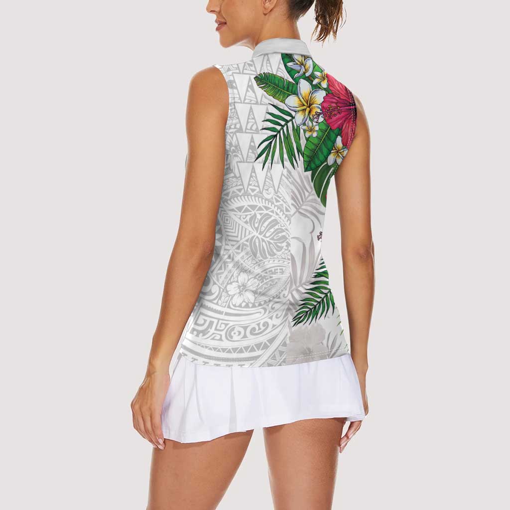 Hawaiian Tropical Plants Women Sleeveless Polo Shirt Kakau Tattoo and Polynesian Pattern Half White Color LT03 - Polynesian Pride