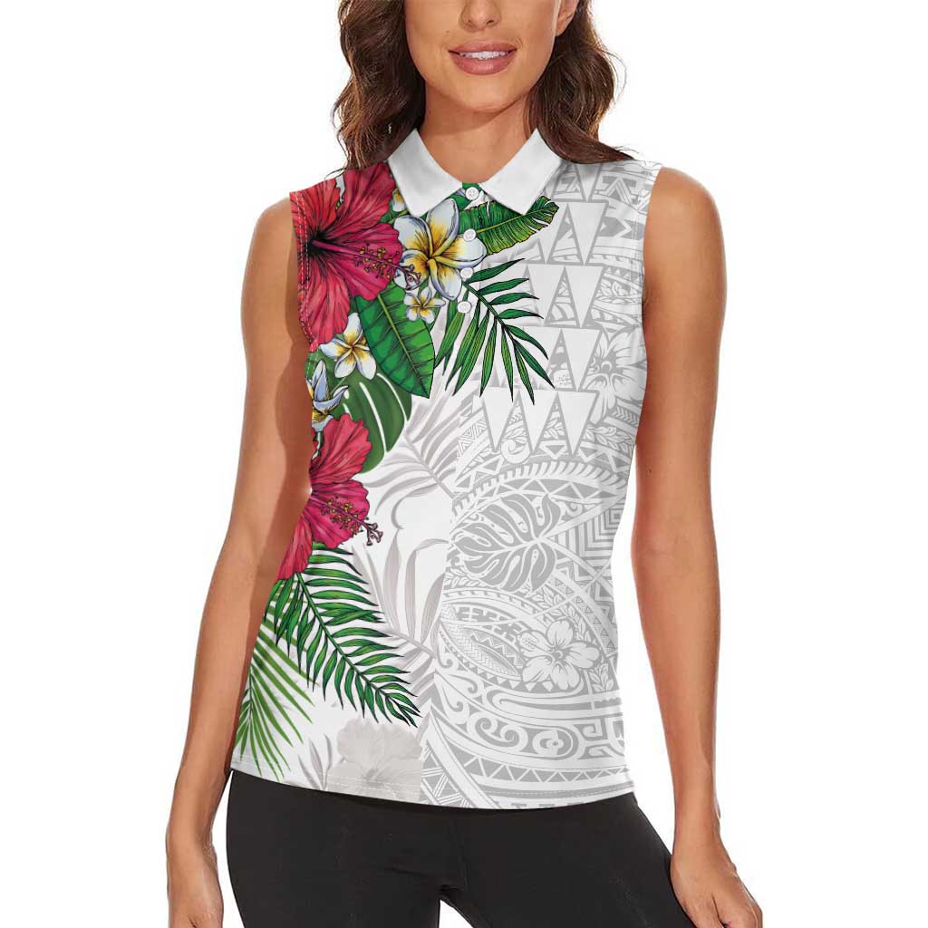 Hawaiian Tropical Plants Women Sleeveless Polo Shirt Kakau Tattoo and Polynesian Pattern Half White Color LT03 - Polynesian Pride