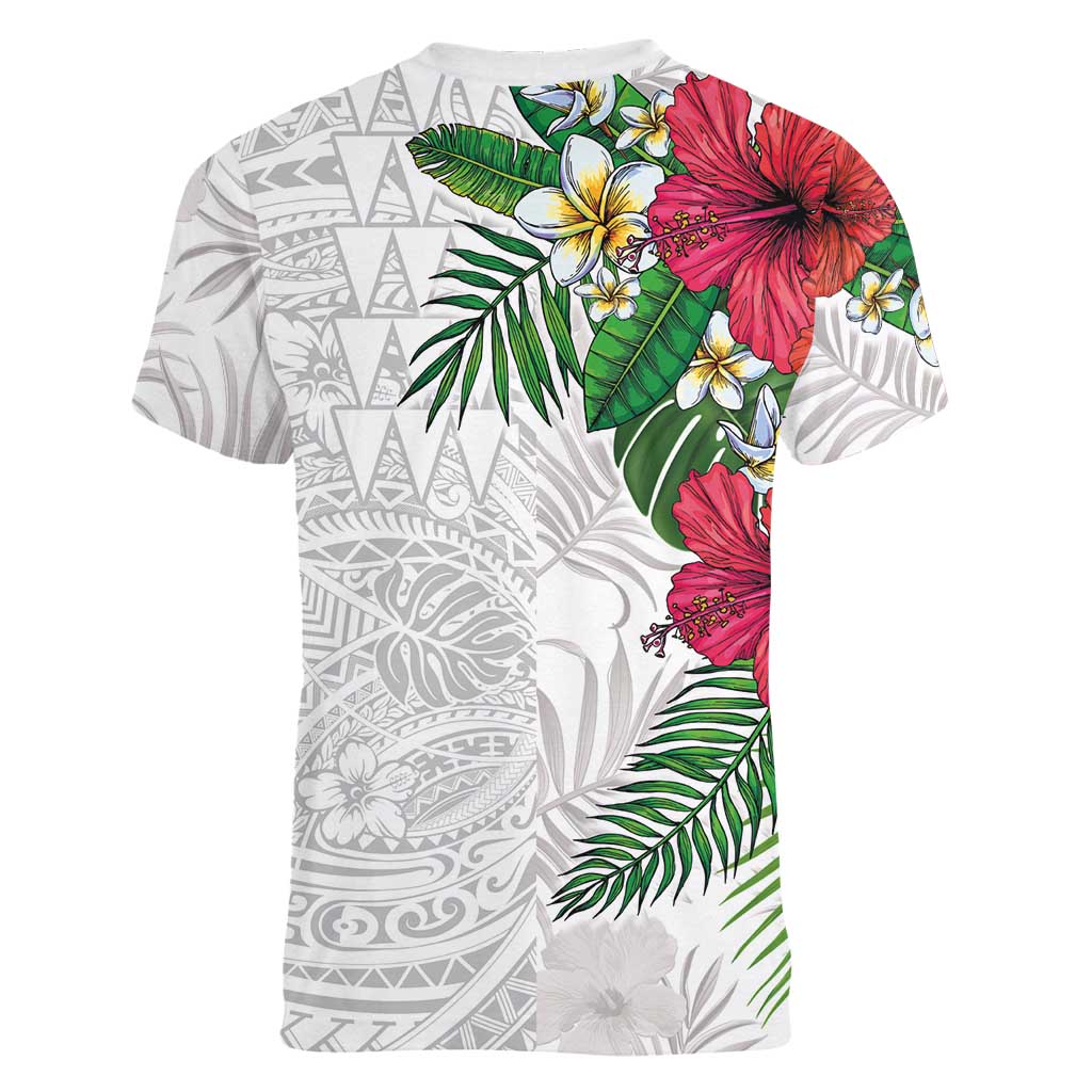 Hawaiian Tropical Plants Women V-Neck T-Shirt Kakau Tattoo and Polynesian Pattern Half White Color LT03 - Polynesian Pride