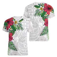 Hawaiian Tropical Plants Women V-Neck T-Shirt Kakau Tattoo and Polynesian Pattern Half White Color LT03 - Polynesian Pride