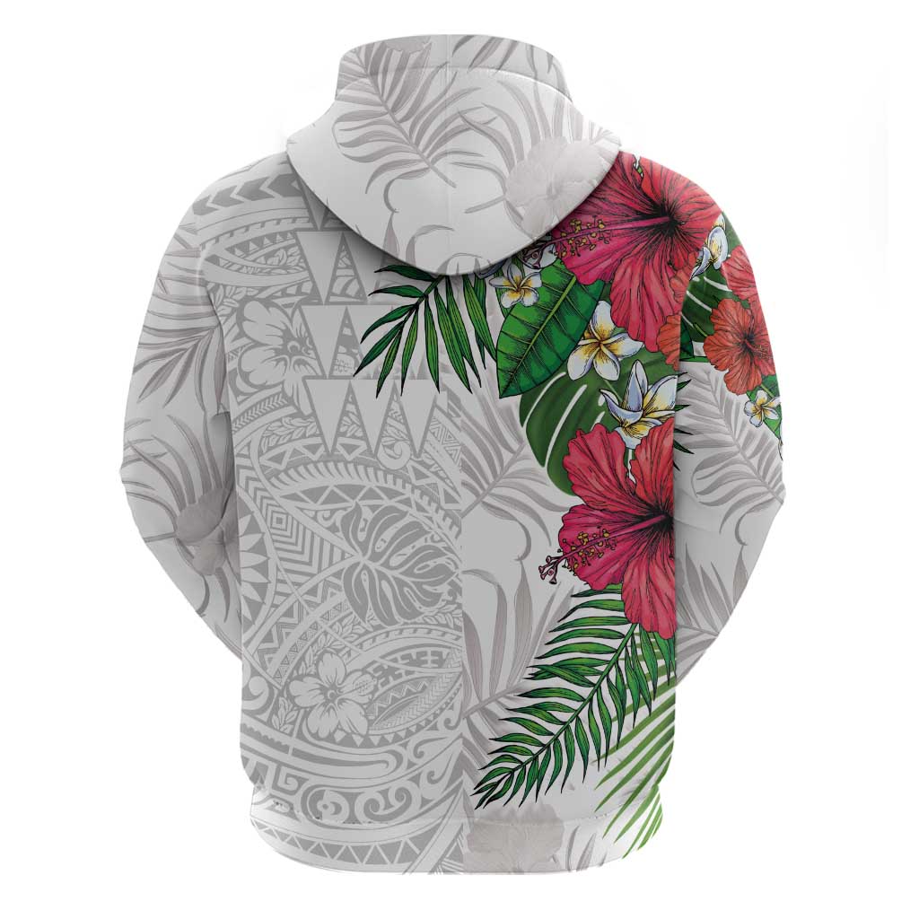 Hawaiian Tropical Plants Zip Hoodie Kakau Tattoo and Polynesian Pattern Half White Color LT03 - Polynesian Pride