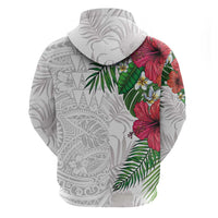 Hawaiian Tropical Plants Zip Hoodie Kakau Tattoo and Polynesian Pattern Half White Color LT03 - Polynesian Pride