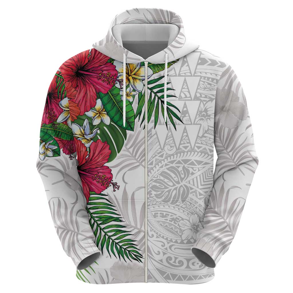 Hawaiian Tropical Plants Zip Hoodie Kakau Tattoo and Polynesian Pattern Half White Color LT03 - Polynesian Pride