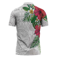 Hawaiian Tropical Plants Zipper Polo Shirt Kakau Tattoo and Polynesian Pattern Half White Color LT03 - Polynesian Pride