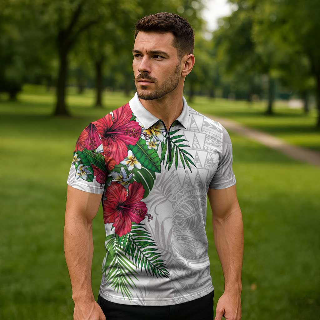 Hawaiian Tropical Plants Zipper Polo Shirt Kakau Tattoo and Polynesian Pattern Half White Color LT03 - Polynesian Pride