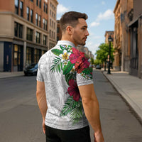 Hawaiian Tropical Plants Zipper Polo Shirt Kakau Tattoo and Polynesian Pattern Half White Color LT03 - Polynesian Pride