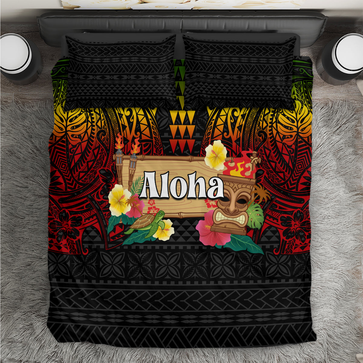 Hawaiian Elements and Polynesian Tattoo Bedding Set