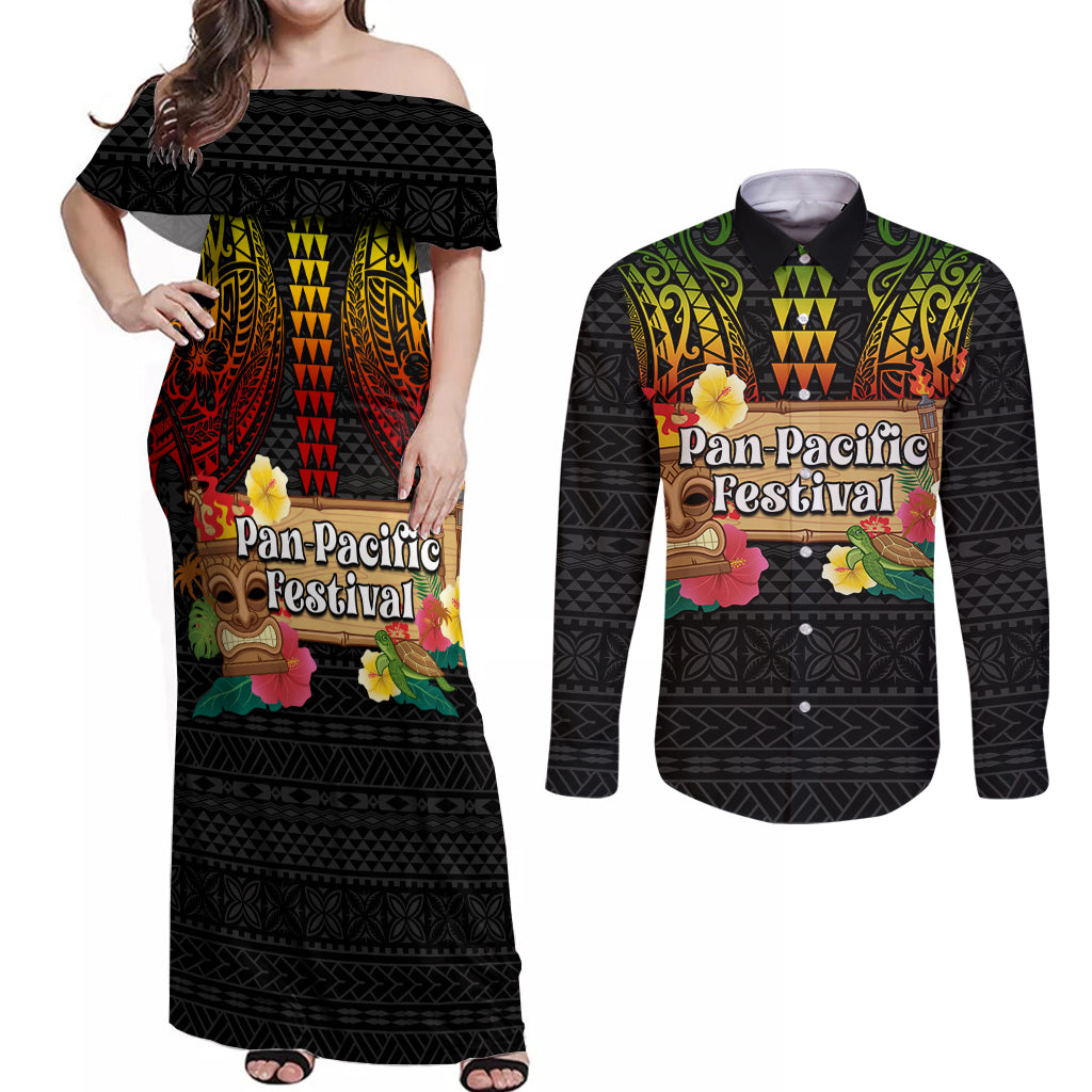 Hawaiian Elements and Polynesian Tattoo Couples Matching Off Shoulder Maxi Dress and Long Sleeve Button Shirt LT03 Black - Polynesian Pride