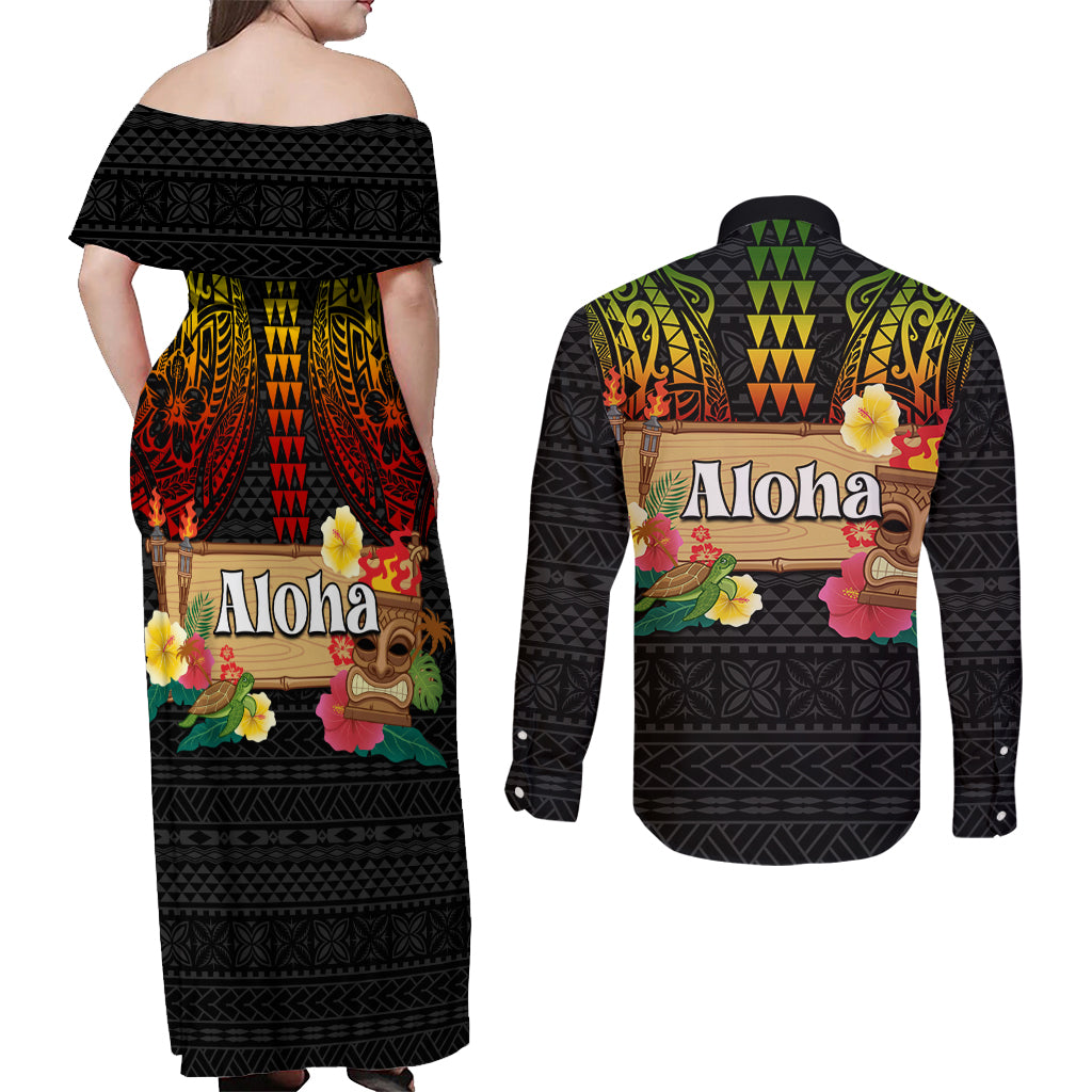 Hawaiian Elements and Polynesian Tattoo Couples Matching Off Shoulder Maxi Dress and Long Sleeve Button Shirt LT03 - Polynesian Pride