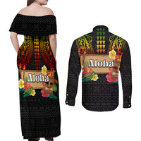 Hawaiian Elements and Polynesian Tattoo Couples Matching Off Shoulder Maxi Dress and Long Sleeve Button Shirt LT03 - Polynesian Pride