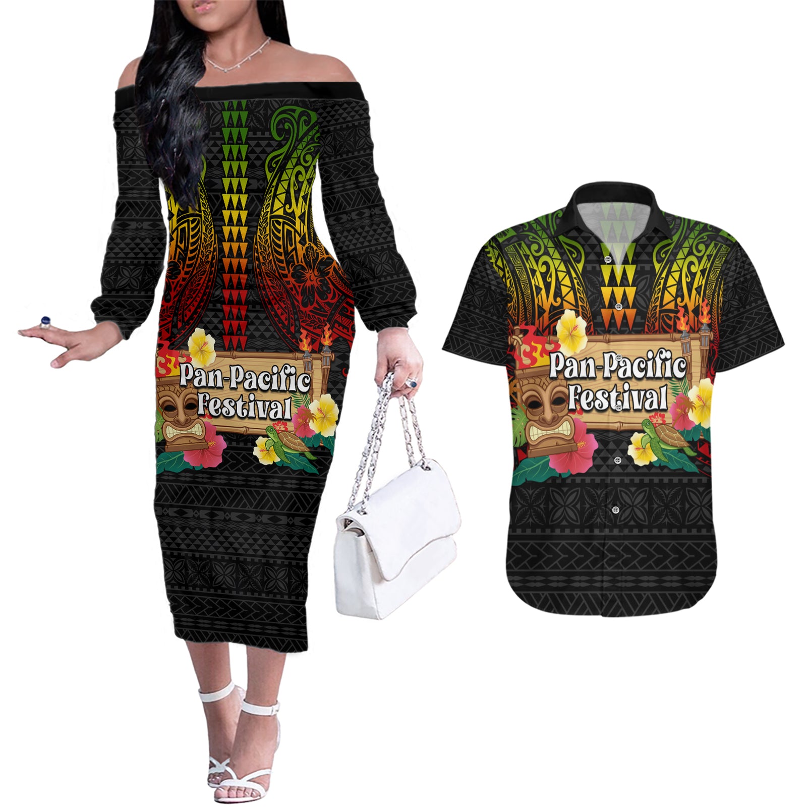 Hawaiian Elements and Polynesian Tattoo Couples Matching Off The Shoulder Long Sleeve Dress and Hawaiian Shirt LT03 Black - Polynesian Pride
