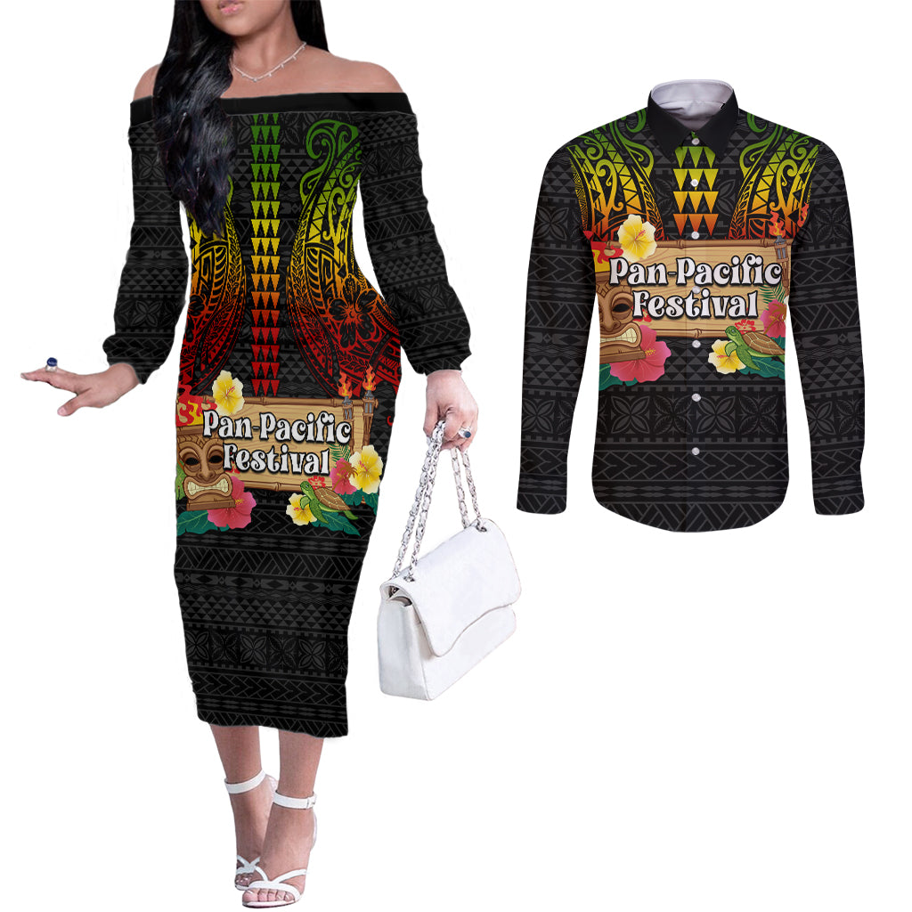 Hawaii Pan-Pacific Festival Couples Matching Off The Shoulder Long Sleeve Dress and Long Sleeve Button Shirt Hawaiian Elements and Polynesian Tattoo