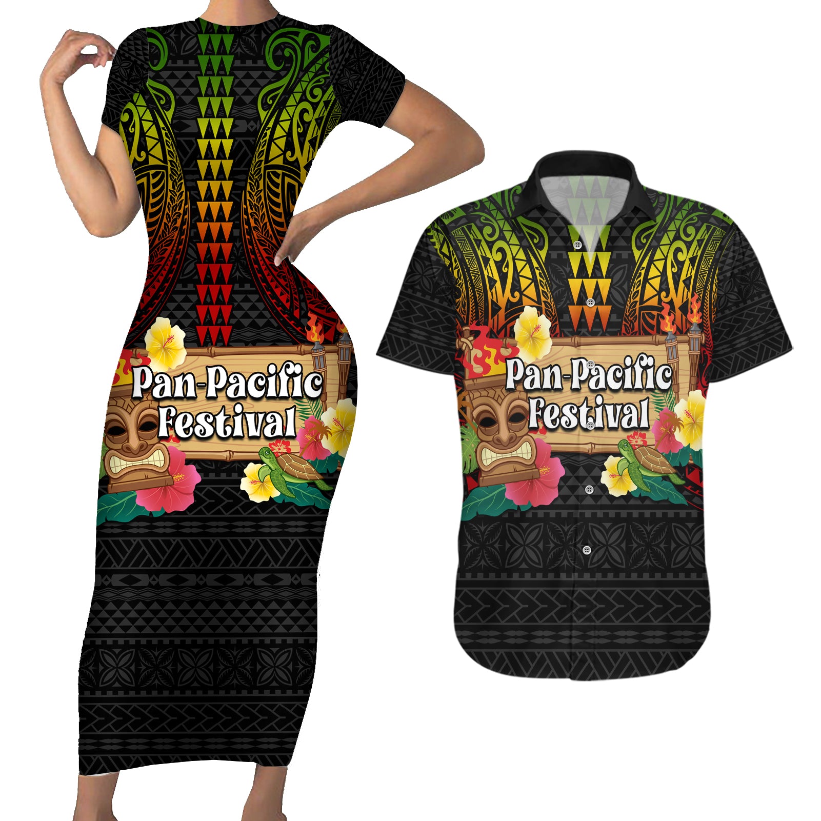 Hawaii Pan-Pacific Festival Couples Matching Short Sleeve Bodycon Dress and Hawaiian Shirt Hawaiian Elements and Polynesian Tattoo