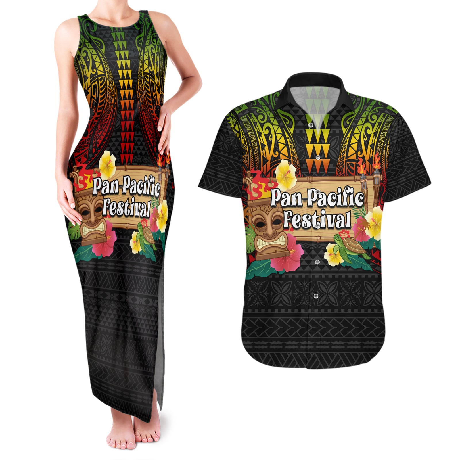 Hawaiian Elements and Polynesian Tattoo Couples Matching Tank Maxi Dress and Hawaiian Shirt LT03 Black - Polynesian Pride