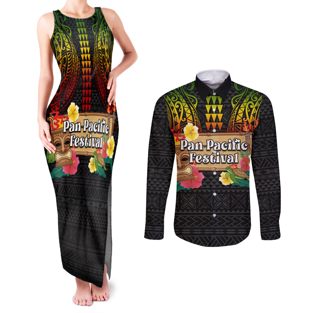 Hawaiian Elements and Polynesian Tattoo Couples Matching Tank Maxi Dress and Long Sleeve Button Shirt LT03 Black - Polynesian Pride