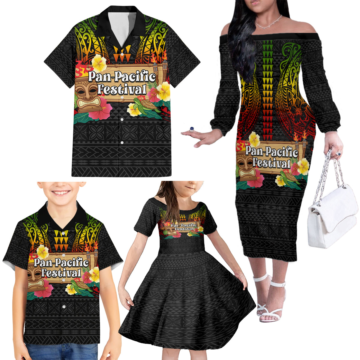 Hawaiian Elements and Polynesian Tattoo Family Matching Off The Shoulder Long Sleeve Dress and Hawaiian Shirt LT03 - Polynesian Pride