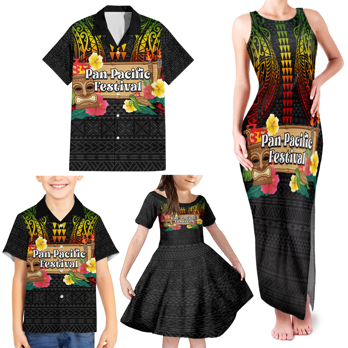 Hawaii Pan-Pacific Festival Family Matching Tank Maxi Dress and Hawaiian Shirt Hawaiian Elements and Polynesian Tattoo