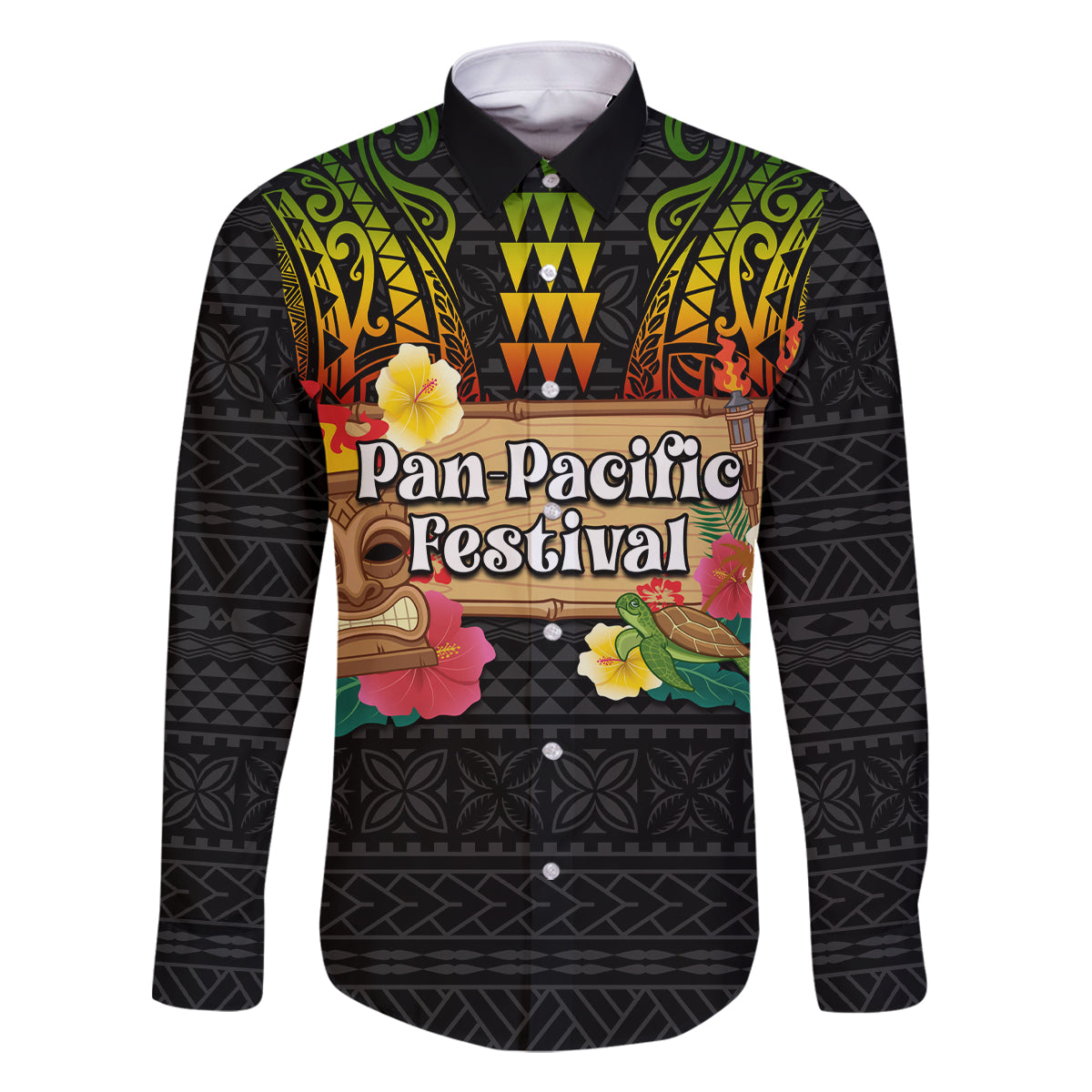 Hawaiian Elements and Polynesian Tattoo Family Matching Tank Maxi Dress and Hawaiian Shirt LT03 Dad's Shirt - Long Sleeve Black - Polynesian Pride