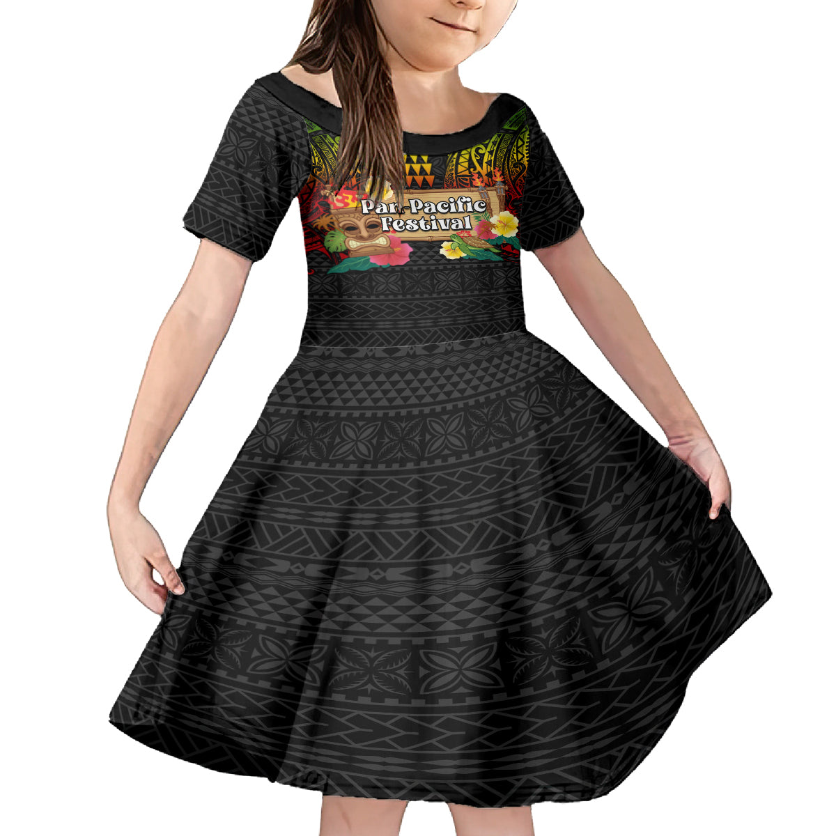 Hawaiian Elements and Polynesian Tattoo Kid Short Sleeve Dress LT03 KID Black - Polynesian Pride