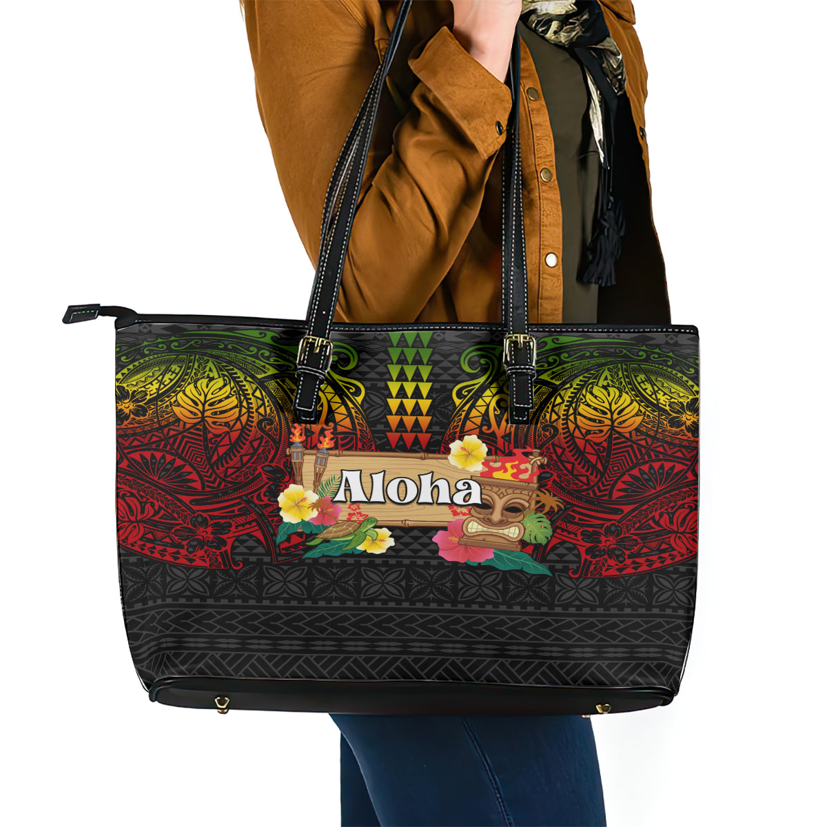Hawaiian Elements and Polynesian Tattoo Leather Tote Bag LT03 - Polynesian Pride