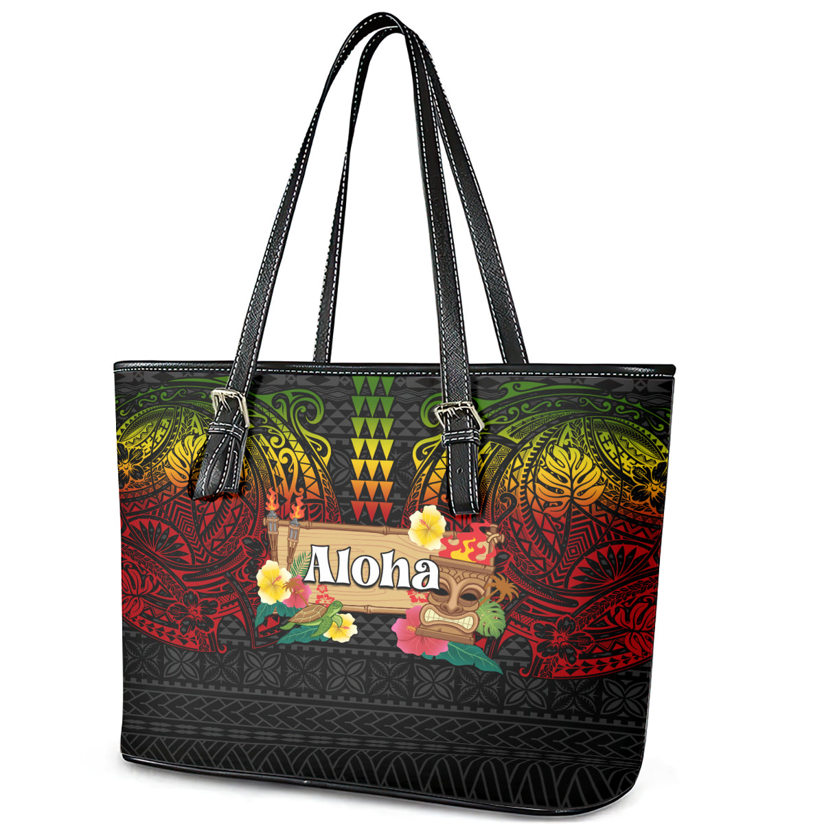 Hawaiian Elements and Polynesian Tattoo Leather Tote Bag LT03 - Polynesian Pride