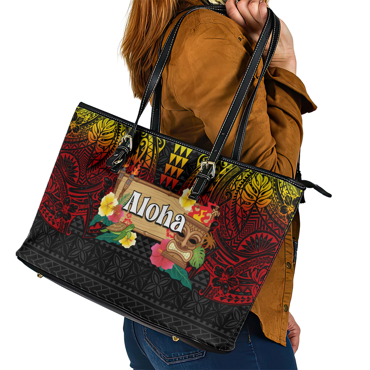 Hawaiian Elements and Polynesian Tattoo Leather Tote Bag LT03 - Polynesian Pride