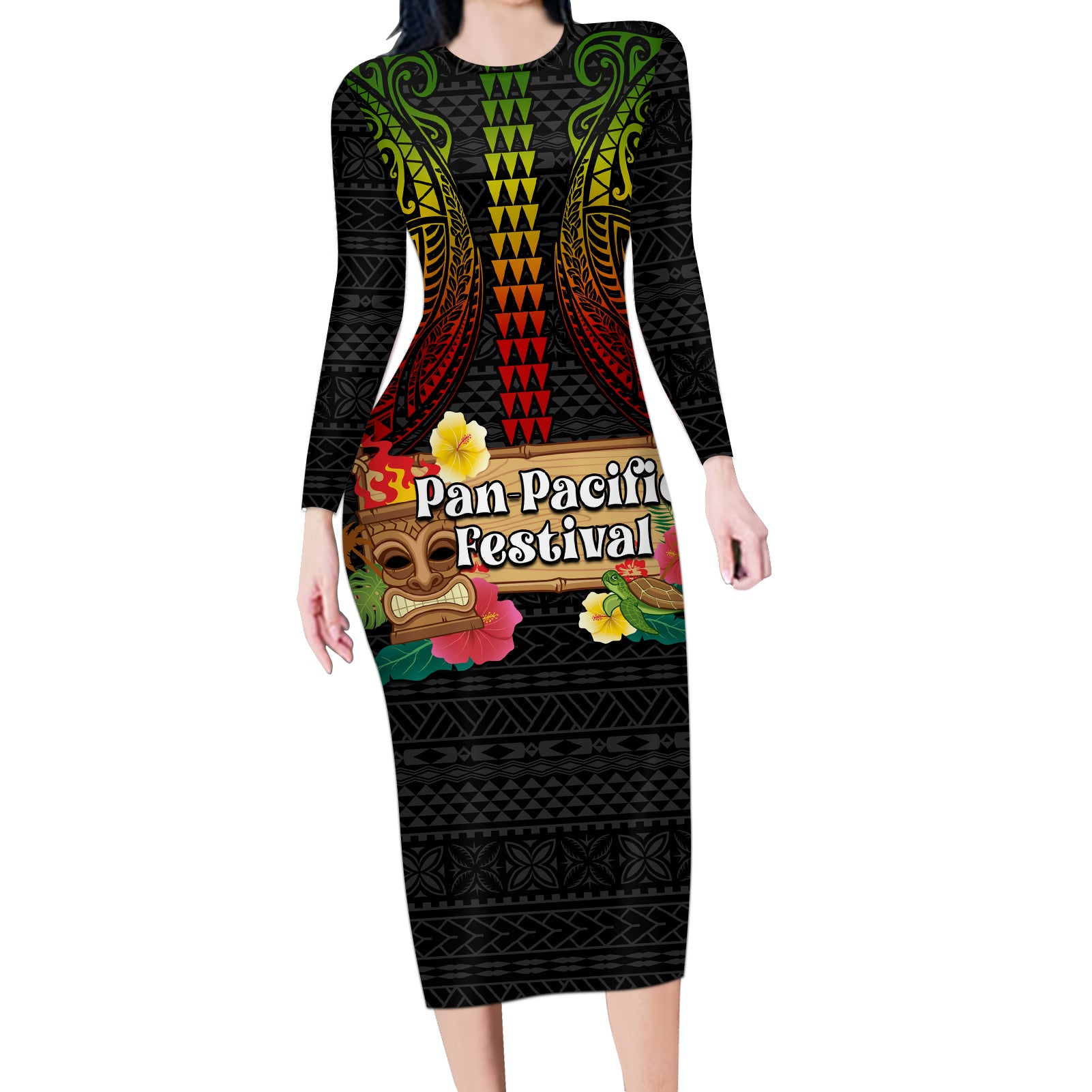 Hawaii Pan-Pacific Festival Long Sleeve Bodycon Dress Hawaiian Elements and Polynesian Tattoo