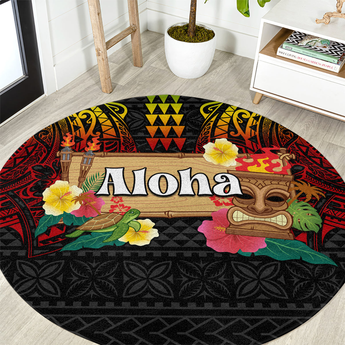 Hawaiian Elements and Polynesian Tattoo Round Carpet