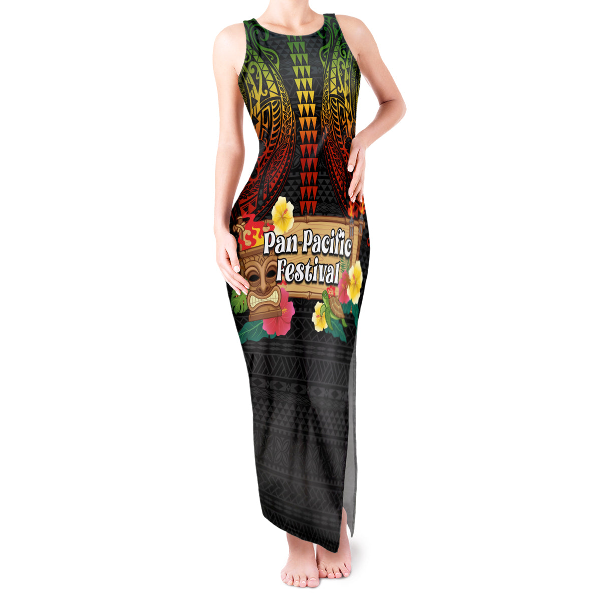 Hawaii Pan-Pacific Festival Tank Maxi Dress Hawaiian Elements and Polynesian Tattoo