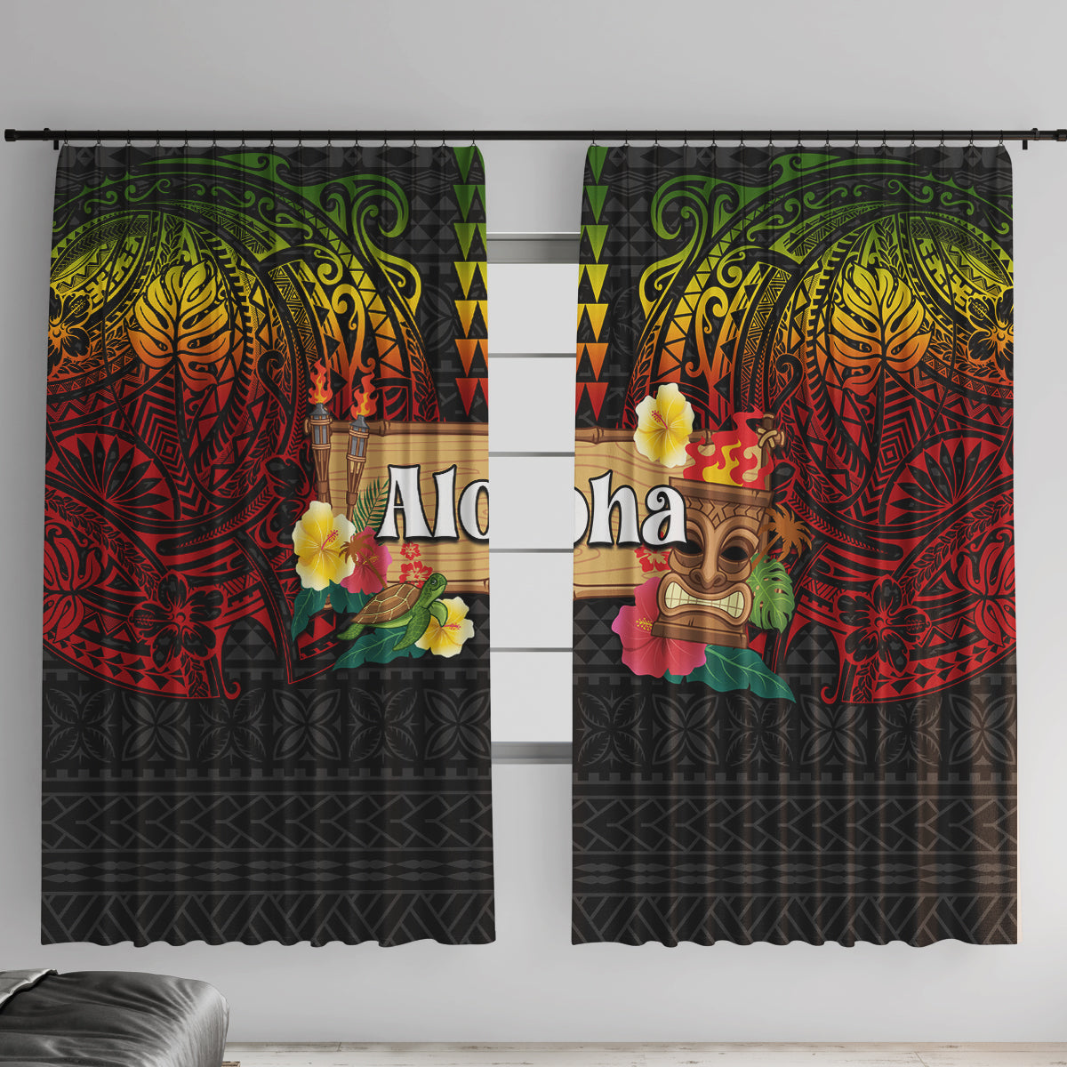 Hawaiian Elements and Polynesian Tattoo Window Curtain LT03 With Hooks Black - Polynesian Pride