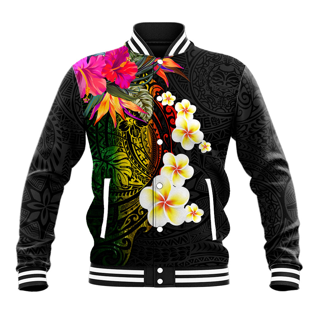 Hawaii Plumeria Baseball Jacket Polynesian Tattoo and Hibiscus LT03 Unisex Black - Polynesian Pride